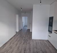 The kitchen of a 3-room apartment with a wooden decor floor and white walls.