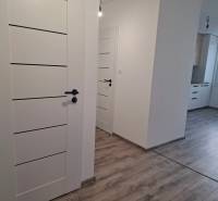 A white hallway with an entrance to the kitchen, a floor with a wood decor in a 3-room apartment.
