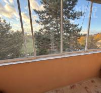 View from a 3-room apartment on MDŽ 1848/33 Street in Šurany, with a glazed balcony and trees.