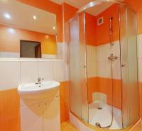 A bathroom with a shower and orange tiles in a 3-room apartment.