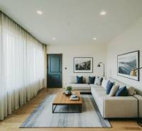 Living room with a glossy wooden-patterned floor, a sofa, and a coffee table in a three-room apartment.