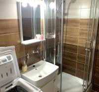 A bathroom in a 2-room apartment with a washing machine, shower, and sink.