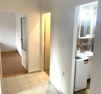 A hallway with ceramic tiles and a wooden decor floor in a 2-room apartment.