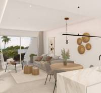 Living room with a kitchenette, wood-decorated flooring, light accessories.