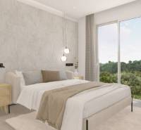 A bedroom in a holiday apartment with a large window, a plant, and a comfortable bed.