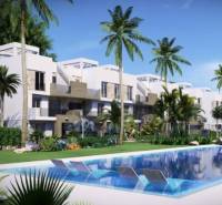 A recreational apartment in Guardamar del Segura with a pool, palm trees, and modern apartments in the background.