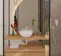 A bathroom in a holiday apartment with a sink on a wooden countertop and a shower.