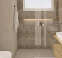 Bathroom in a holiday apartment with a sink, shower, and shelves.