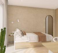 Bright bedroom with a bed, large window, and wood-patterned floor in a holiday apartment.