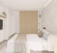 Bright bedroom with decor, TV, and modern furniture in a holiday apartment.