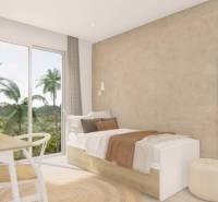 Recreational apartment with a cozy bed, mirror, and view of palm trees.