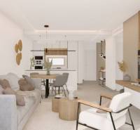 Bright living room of a holiday apartment with a comfortable sofa and wooden decor.