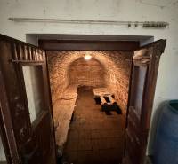 The family house has a brick cellar with simple lighting and wooden doors.