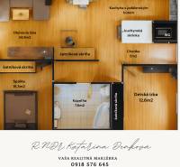 Floor plan of a family house with rooms: living room, kitchen, bedroom, children's room, bathroom.