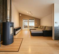 Living room with a fireplace, sofa, and wooden decor flooring in a family house.