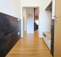 A hallway in a family house with a wooden decor floor, leading to the living room.