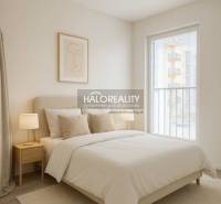 Bright bedroom in a one-room apartment with wood-patterned flooring and a large window.