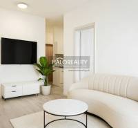 Living room in a studio apartment with a sofa, television, and wood-patterned flooring.