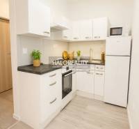 A kitchen in a studio apartment with white cabinets and a wood-patterned floor.