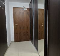 A hallway in a 3-room apartment with a mirrored wardrobe and plain-colored tiles.