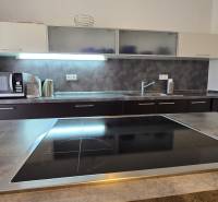 A kitchen in a 3-room apartment with a cooktop, microwave, and wooden decor of the countertop.