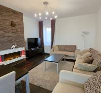 Living room in a 3-room apartment with a fireplace, wood-patterned flooring, and comfortable seating.
