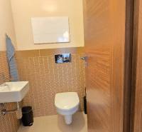 A bathroom in a 3-room apartment with a wood-patterned floor and a wall-mounted sink.