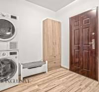 Entrance hall in a 3-room apartment with a washing machine, dryer, and wooden decor flooring.