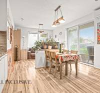 Dining room in a 3-room apartment with a wood-patterned floor and plenty of plants.