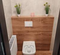 A toilet with a floor and wall with wood decor in a 3-room apartment.
