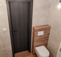 A bathroom in a three-room apartment with a wooden decor floor and a wall-mounted toilet.