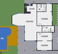 Plan of a villa in the city of Pattaya with three bedrooms, a kitchen, and a swimming pool.