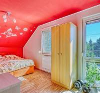Bedroom in a family house with a red wall, window, and wood-patterned floor.