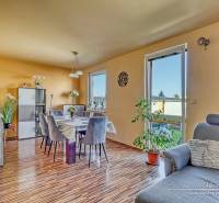 Dining room with wood-patterned flooring and a sofa in a family house.
