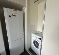 Two-room apartment with a refrigerator and washing machine, built-in wardrobe with sliding doors.