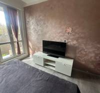 A room in a two-room apartment with a TV, an armchair, and a decorative wall.