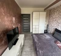 A bedroom in a two-room apartment with a television, a double bed, and a built-in wardrobe.