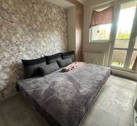 A bedroom in a studio apartment with a large bed, floral wallpaper, and ceramic flooring.