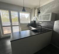 A kitchen in a studio apartment with gray walls, windows, and kitchen cabinets.
