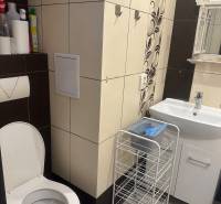 Bathroom in a studio apartment with a toilet, sink, and storage shelf.