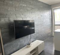 A small two-room apartment with a stone wall cladding, a television, and a white cabinet.