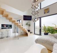 A stylish interior of a 4-room apartment with a staircase, wooden decor flooring, and plants.