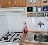 A kitchen in a studio apartment with a gas stove and wooden cabinets.