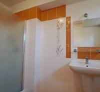 A bathroom in a family house with a sink, a shower, and ceramic tiles.