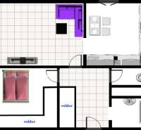Floor plan of a 2-room apartment with a bathroom, living room, and kitchen.