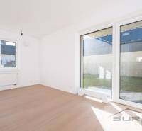 A bright room and a wooden decor floor in a 2-room apartment, with a view of the garden.