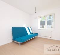 A room in a 2-room apartment with a blue sofa, white walls, and a floor with a wood decor.