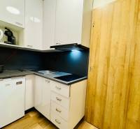 A kitchen with white cabinets, a refrigerator, a coffee maker, and a wood-patterned floor in a cabin.