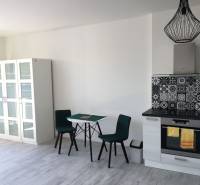 A kitchen in a studio apartment with a wooden decor floor and a dining table.