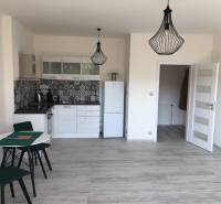 A kitchen in a studio apartment with patterned tiles and a wooden decor floor.